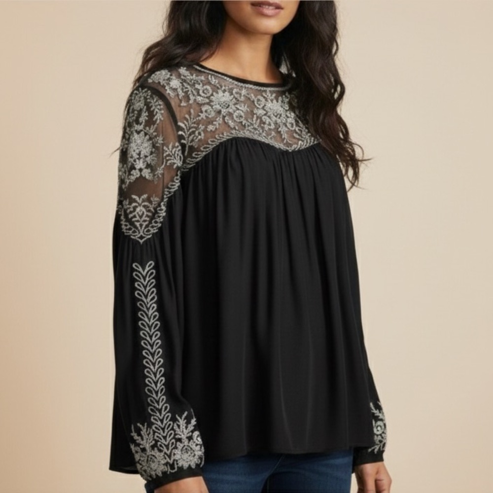 Calypso St. Barth Merope Black Embroidered Tunic Blouse - Small